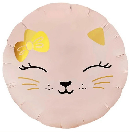 Шар (18''/46 см) Круг, Кошечка с бантом, Розовый, Сатин